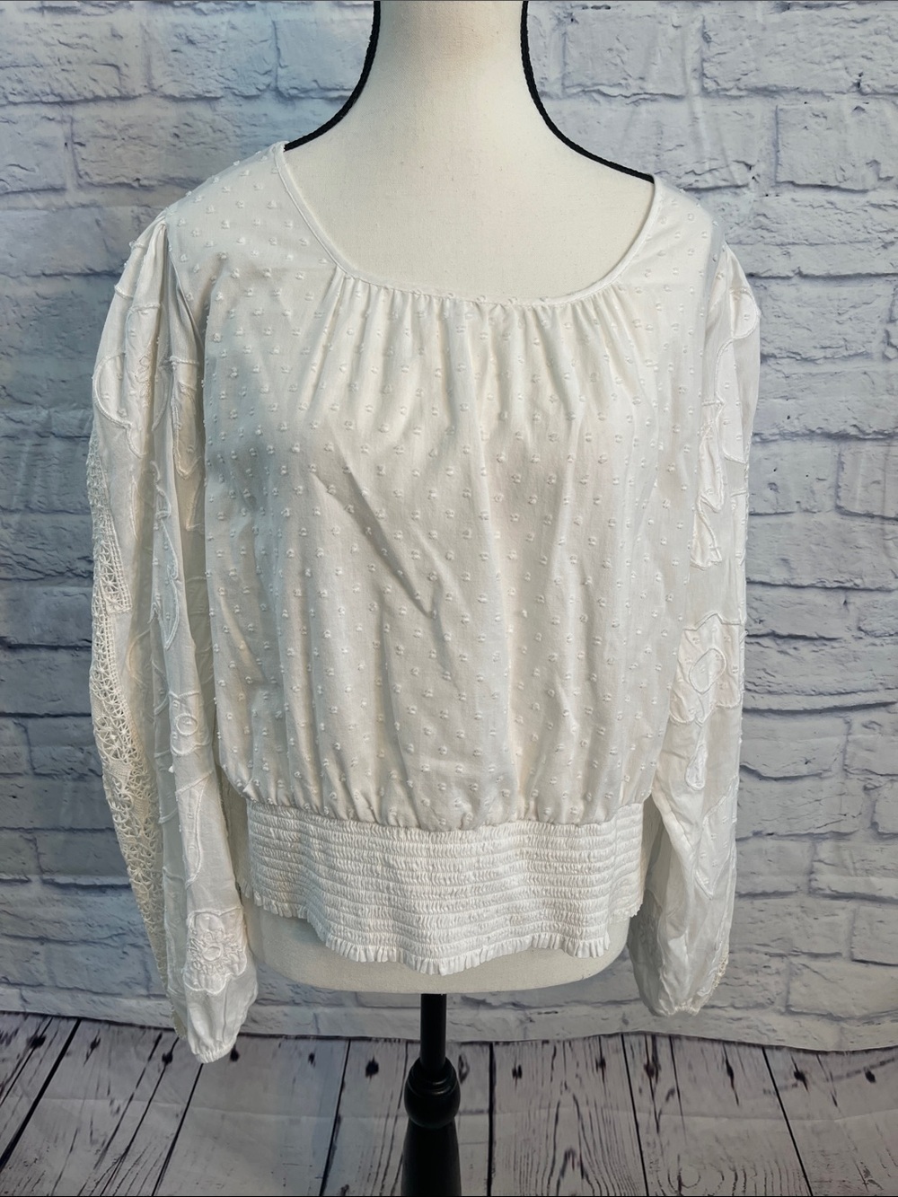 Maeve Sinead Lace Peasant Blouse Swiss Dots Balloon Sleeves Smocked Waist XL